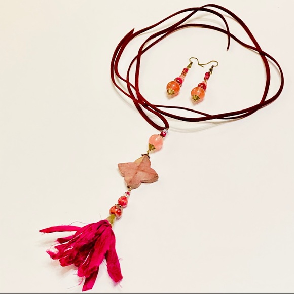 Dark Pink Mauve Rhodonite Stone Necklace & Cherry Quartz Zinfandel Earrings BOHO - Picture 2 of 15